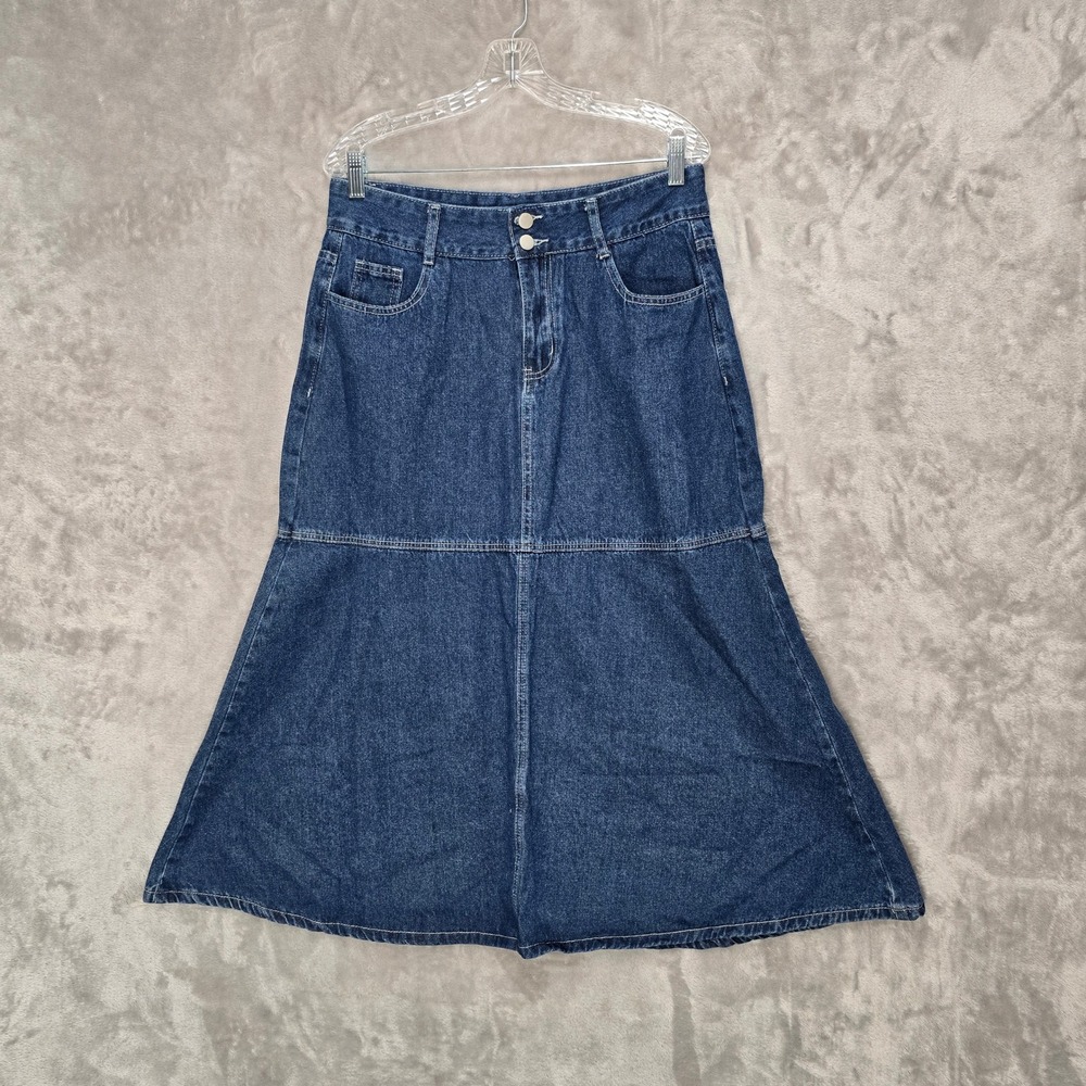 Denim Maxi Skirt Women XL Blue High Waist Fit and Flare Modest Long Prairie Boho